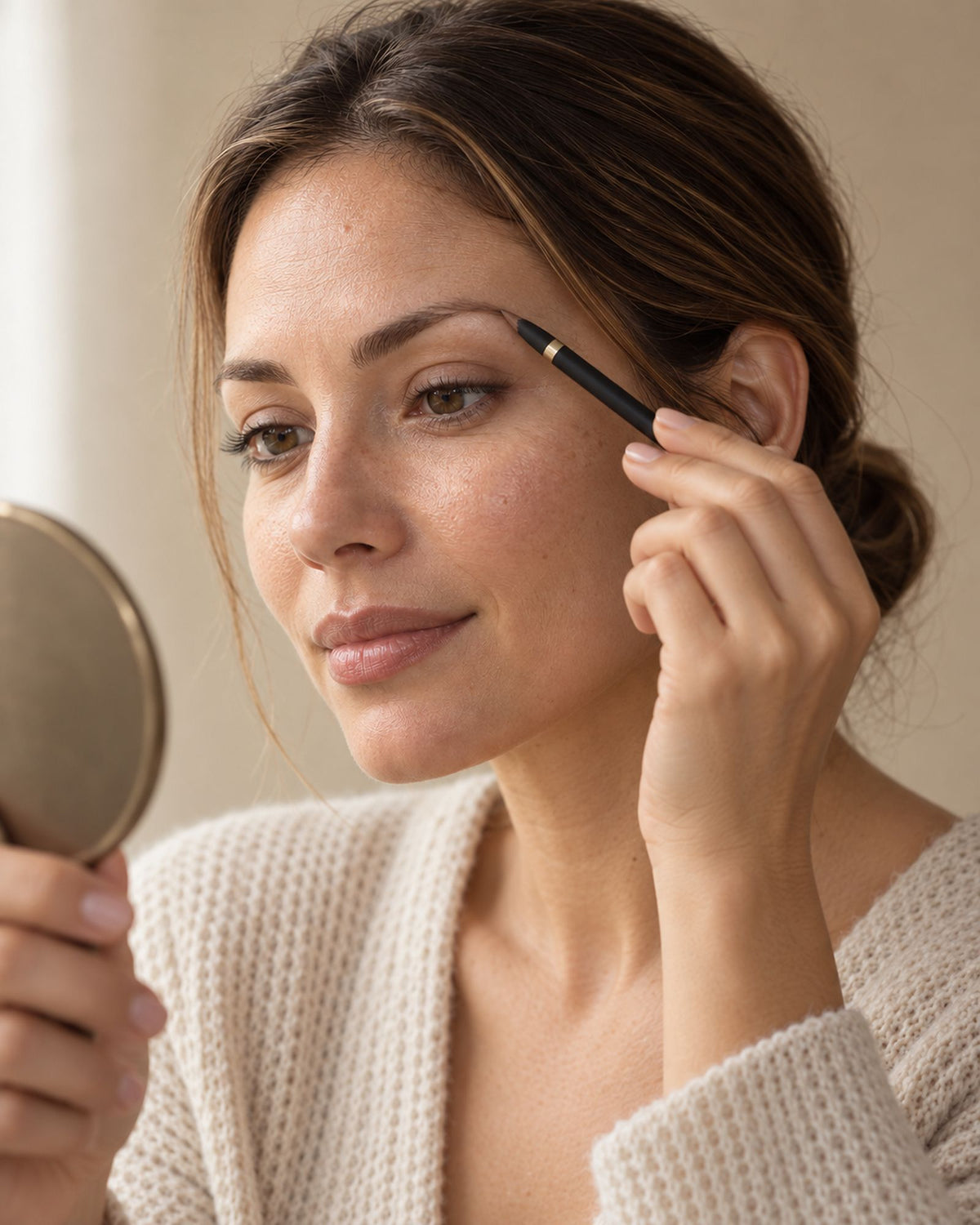 Femme qui dessine son sourcil face à un petit miroir